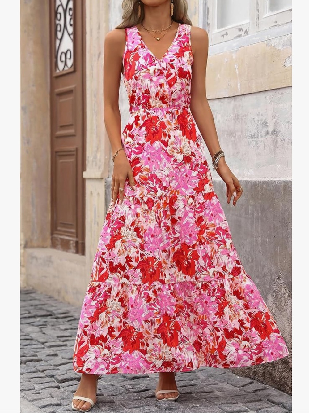 Sleeveless Floral Maxi Dress in Pink, Red & White